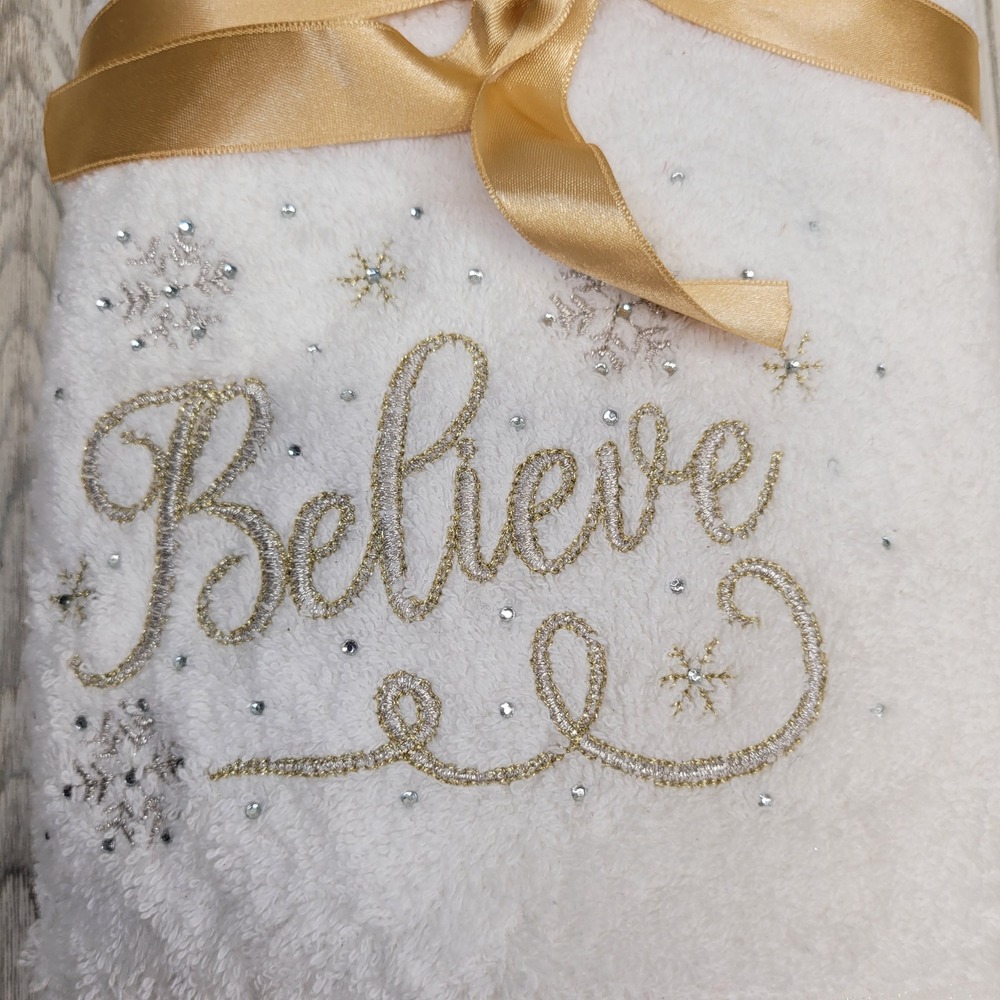2 Believe White Hand Towel Embroidered Snowflake Rhinestone Gold Ribbon Holiday - Picture 2 of 8